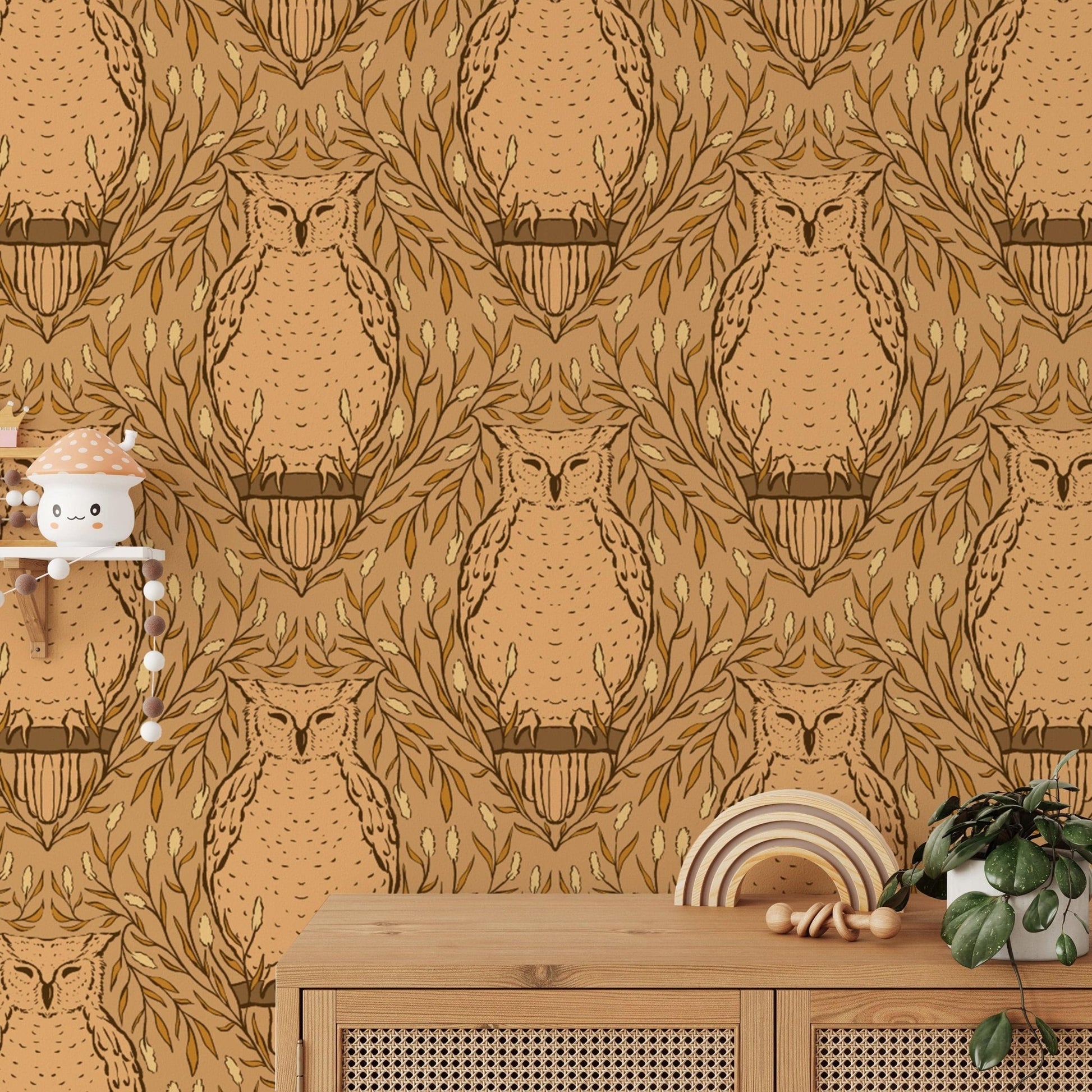 Charming harvest owl wallpaper for cozy, nature-inspired decor. RNM42
