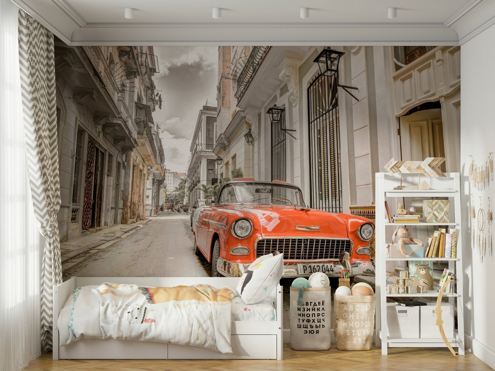 An angled shot of the mural's vibrant color palette.

