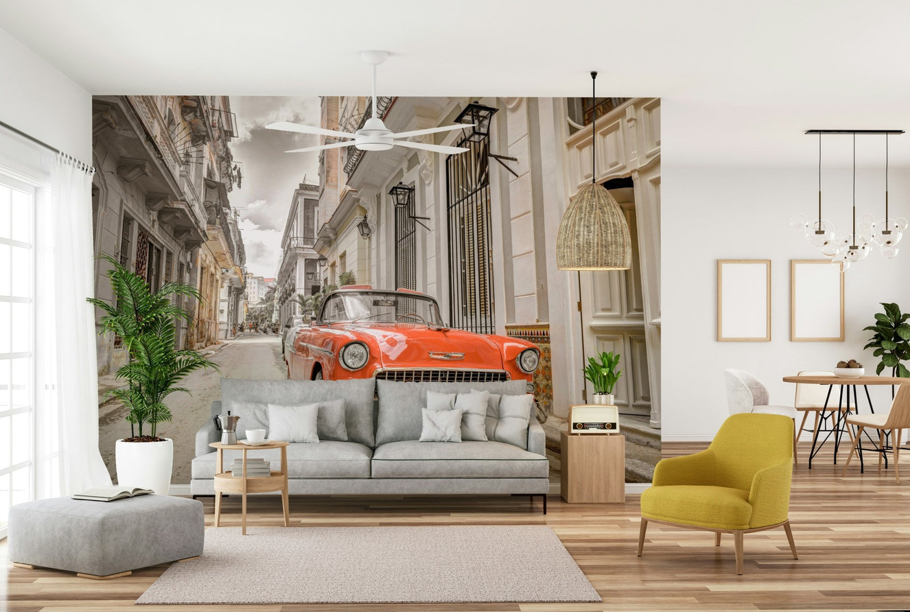 A beautiful modern living room with a Havana Ride mural.


