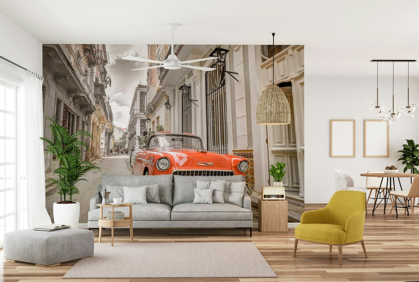 A beautiful modern living room with a Havana Ride mural.

