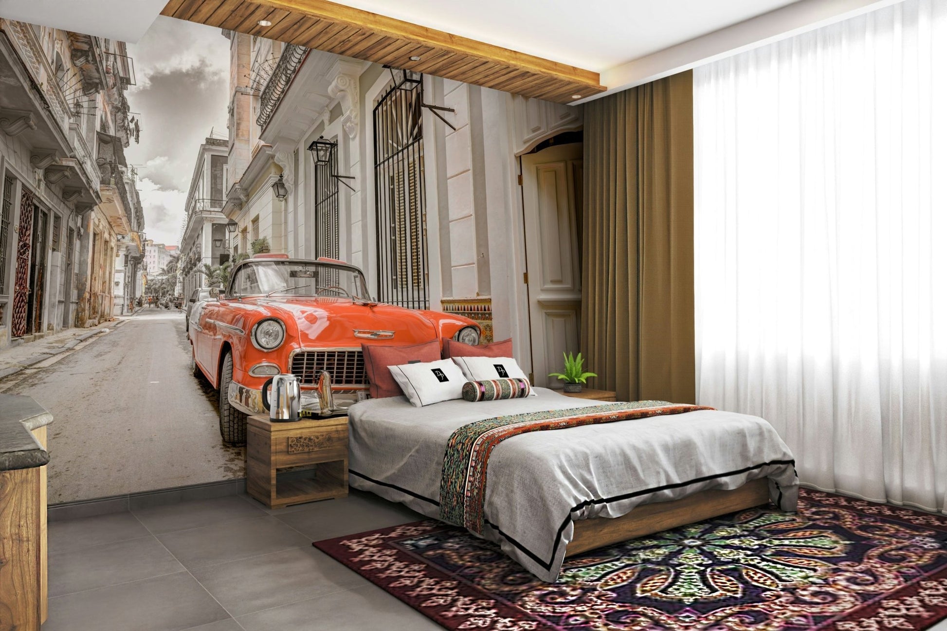 A bedroom with the Havana mural behind the headboard.

