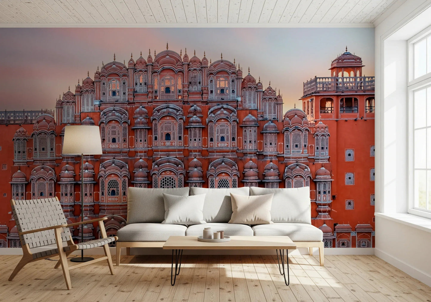 Detailed balcony patterns of Hawa Mahal Walls Wall Mural in a dining area.