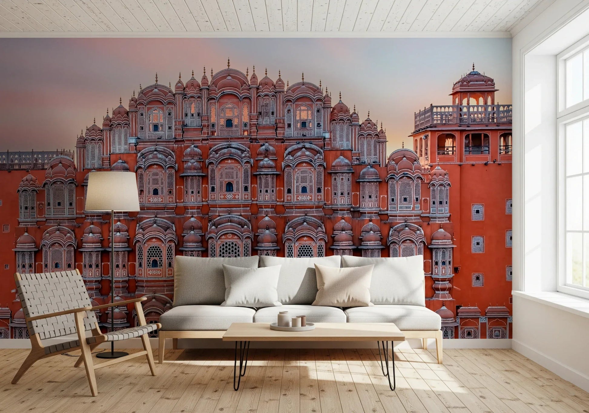 Detailed balcony patterns of Hawa Mahal Walls Wall Mural in a dining area.