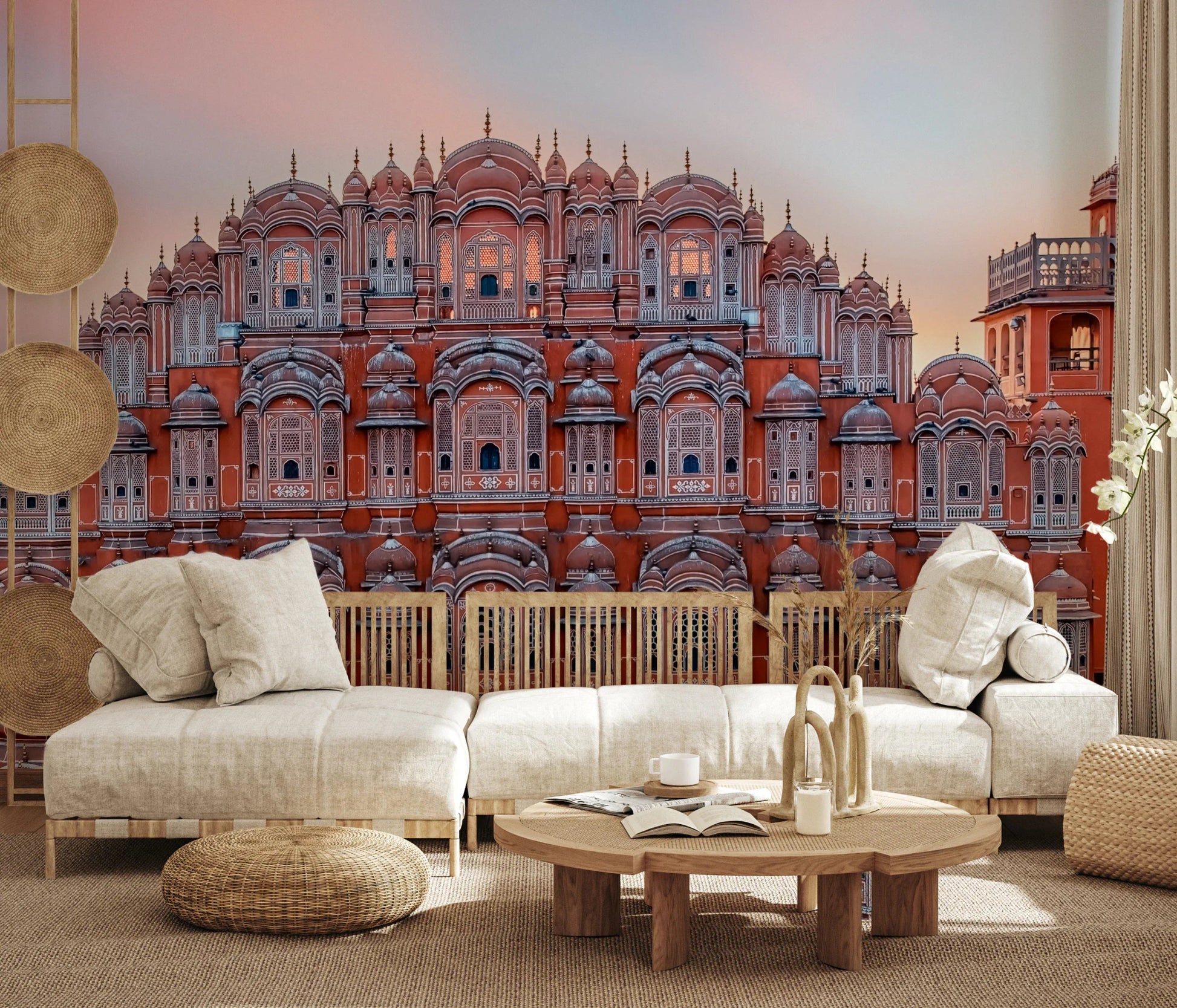 Intricate arched windows of Hawa Mahal Walls Wall Mural in a home office.