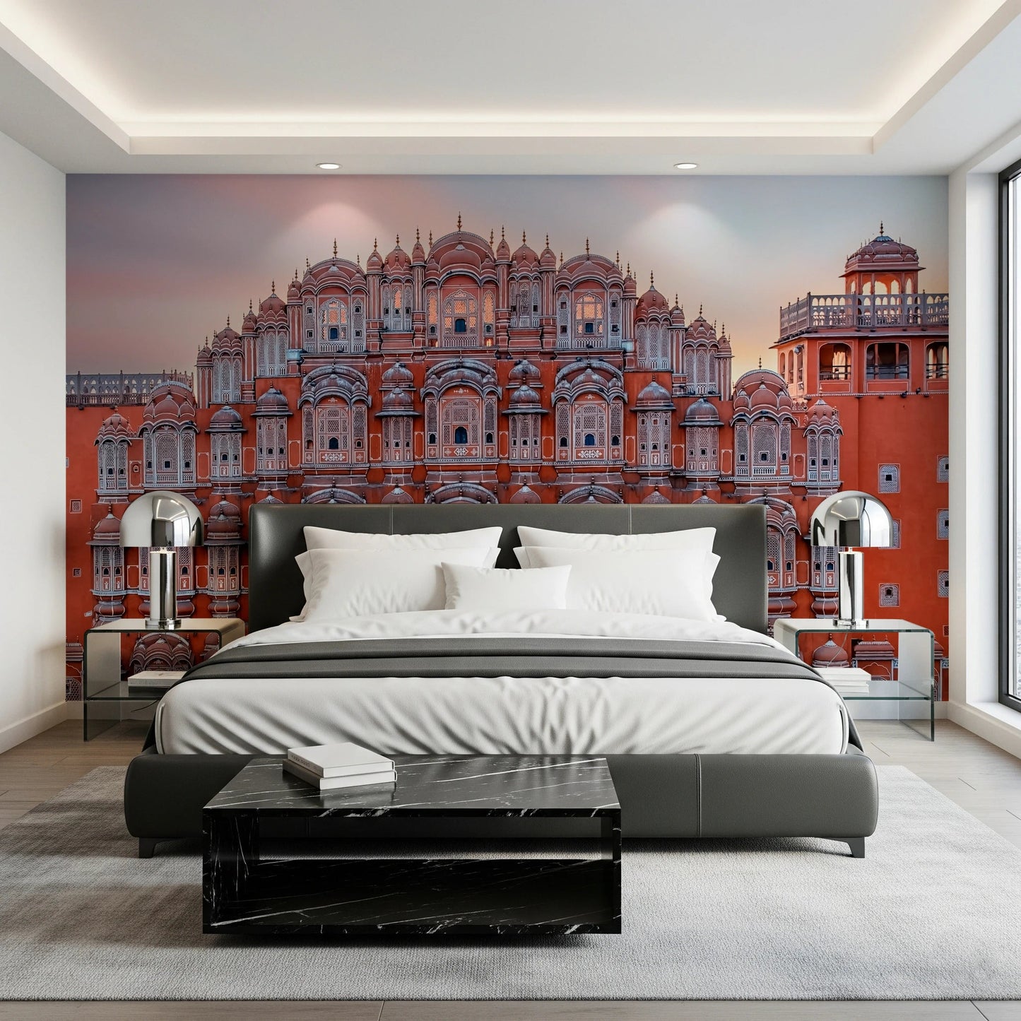 Ornate jharokha patterns on Hawa Mahal Walls Wall Mural for meditation rooms.