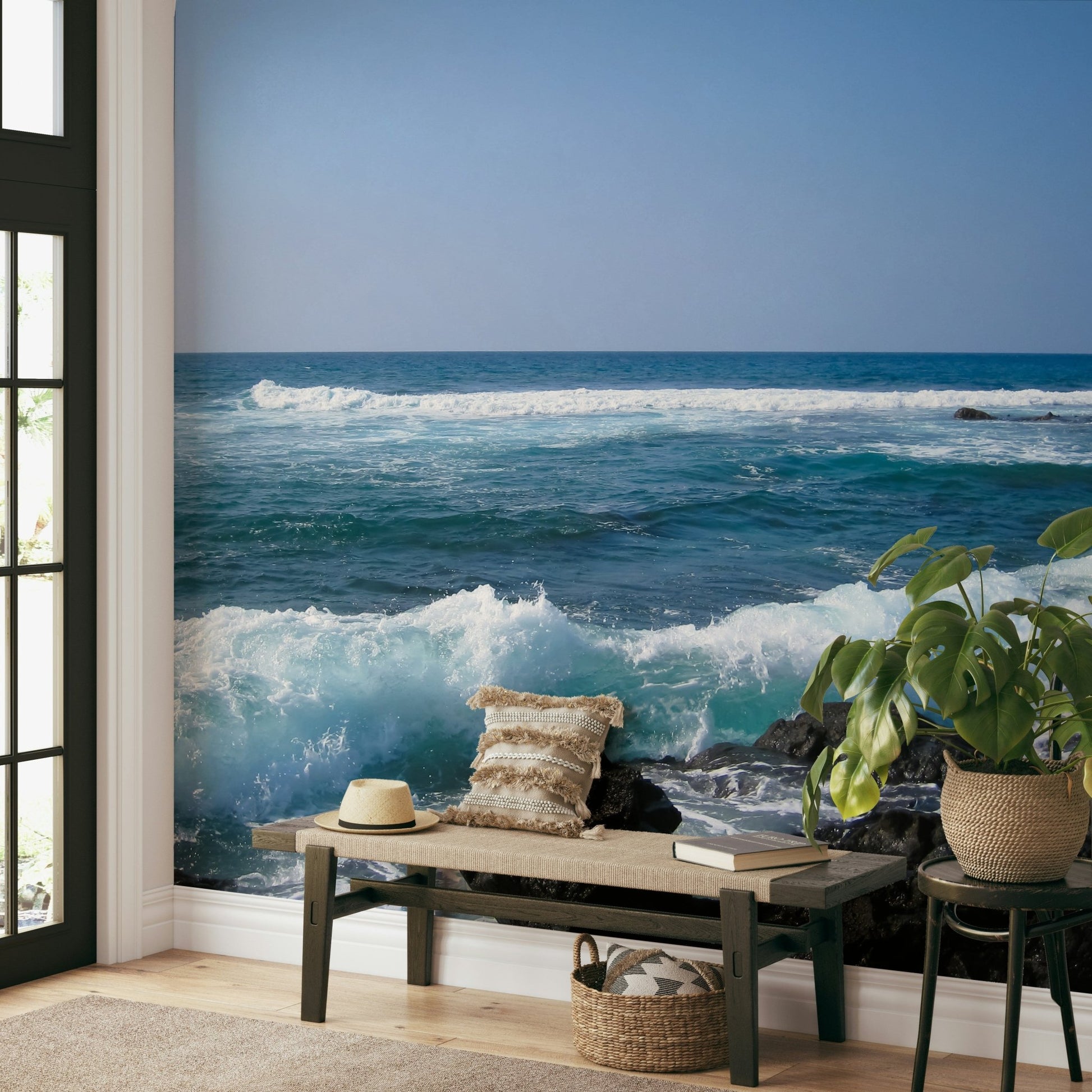 Scenic beach rocks wallpaper design

