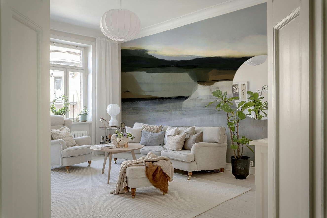 A beautiful subtle abstract wallpaper mural with a hazy, distant horizon line.