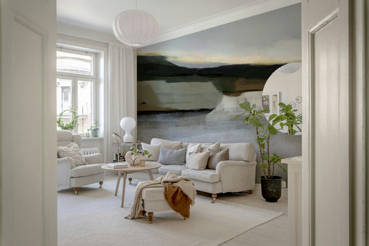 A beautiful subtle abstract wallpaper mural with a hazy, distant horizon line.