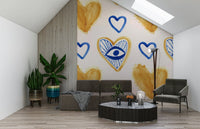 Warm gold and indigo heart shapes wall mural., GD6511