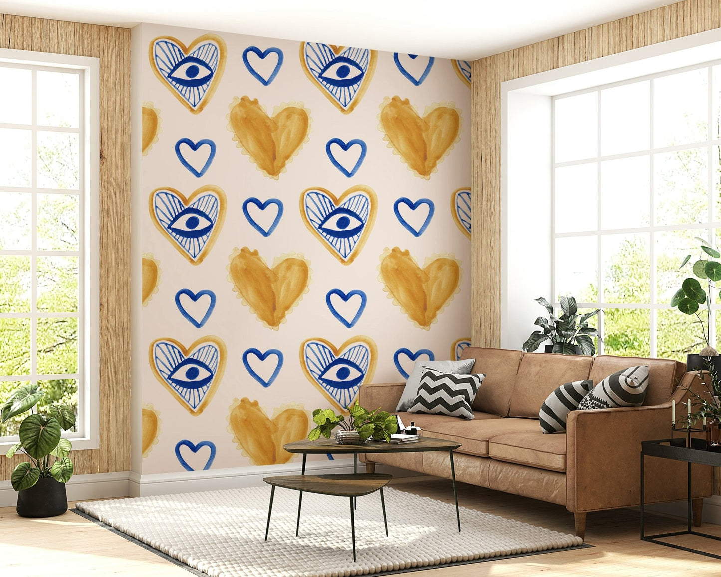 Hand-painted heart motif wall mural design., GD6511