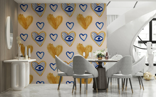 Watercolor hearts pattern, blue and gold wallpaper.
