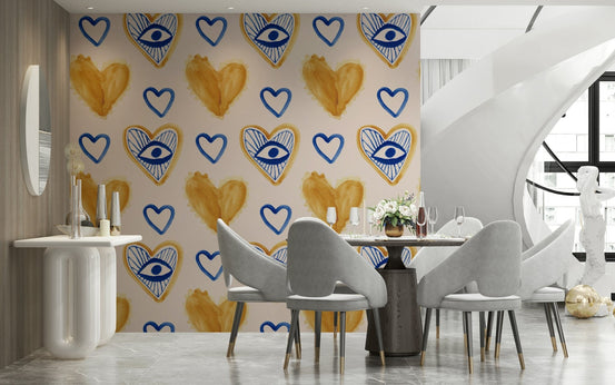 Watercolor hearts pattern, blue and gold wallpaper., GD6511