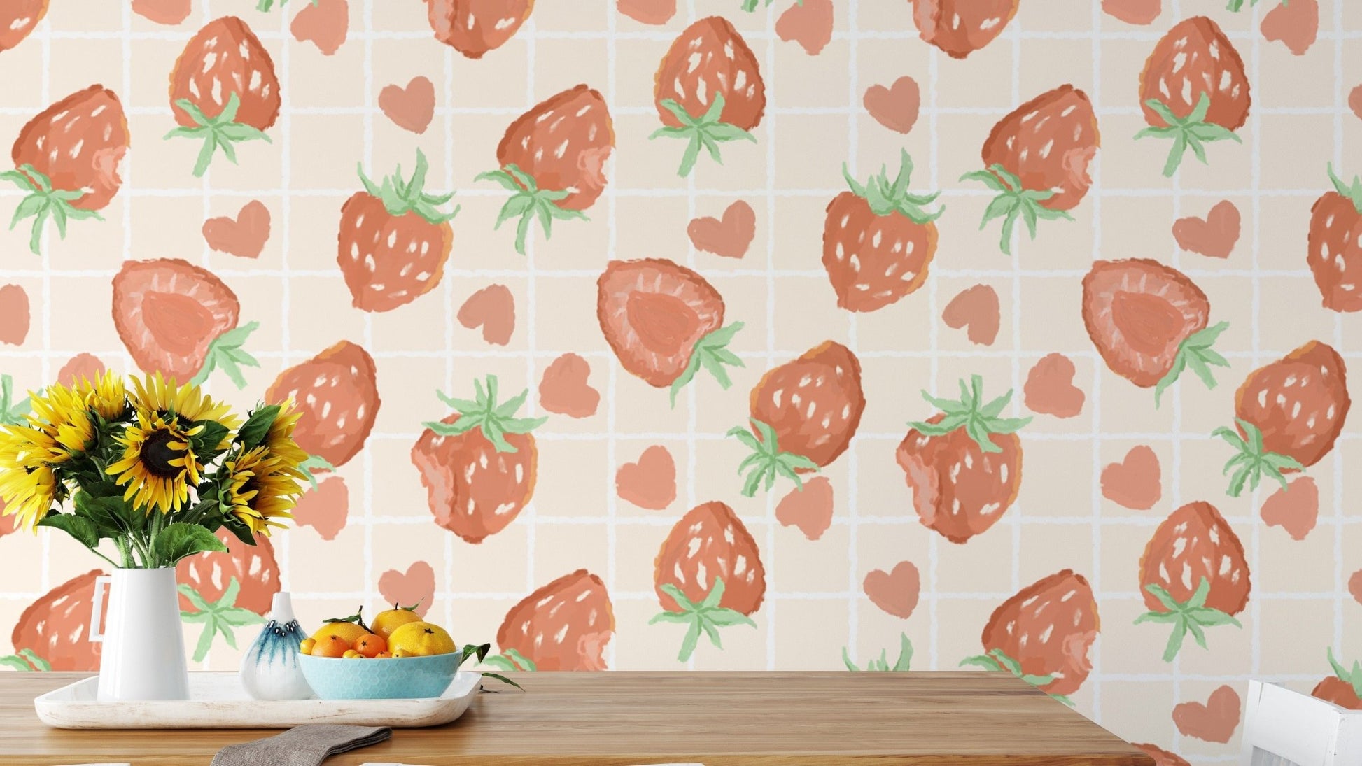 Sweet heartful strawberries wallpaper mural for charming interiors.
