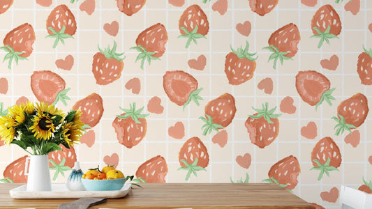 Sweet heartful strawberries wallpaper mural for charming interiors.
