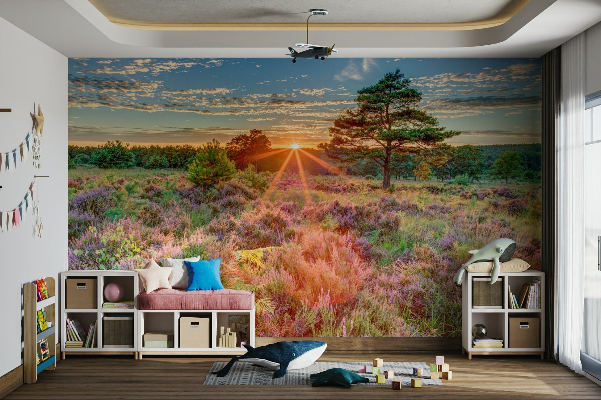 Peaceful heathland sunset wall art for serene spaces

