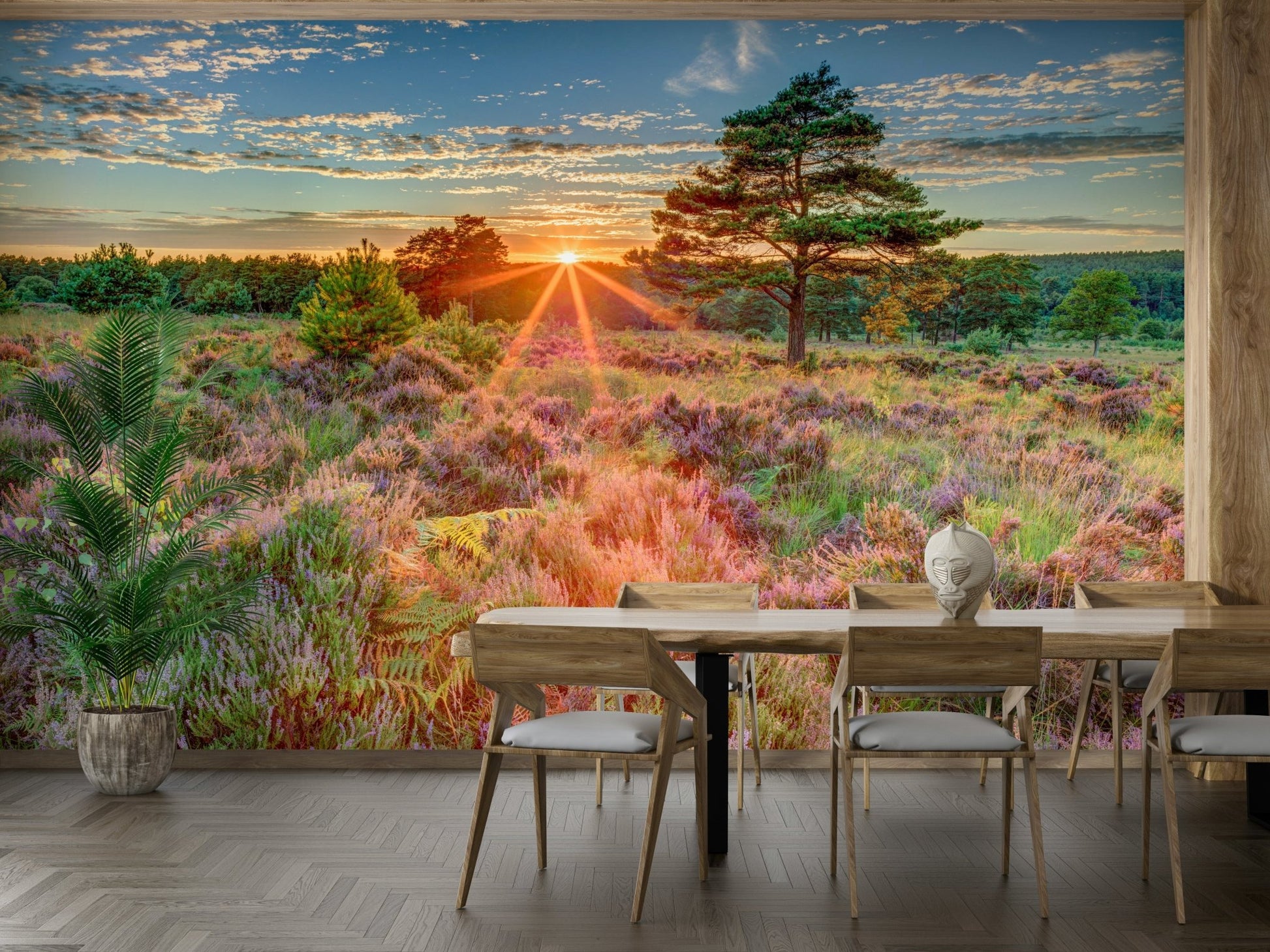 Tranquil sunset over heathland landscape mural

