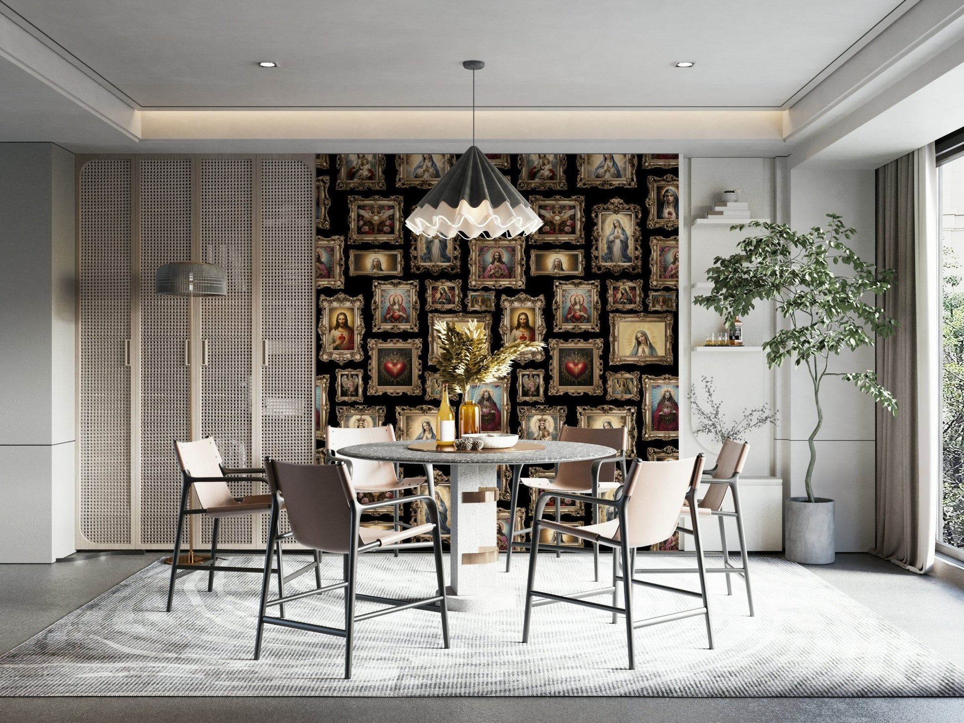 A formal dining room decorated with a heavenly frames mural

