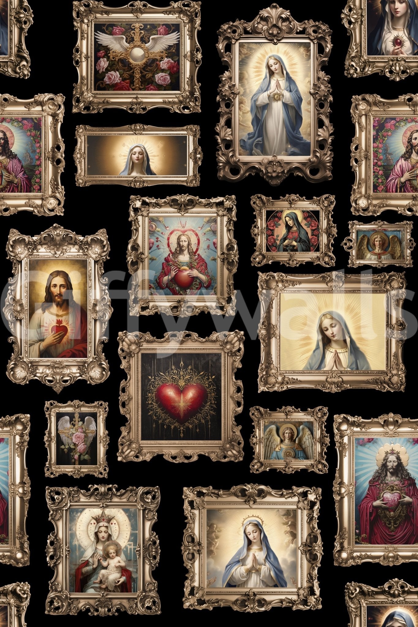 A seamless pattern of classic holy frames on a wall

