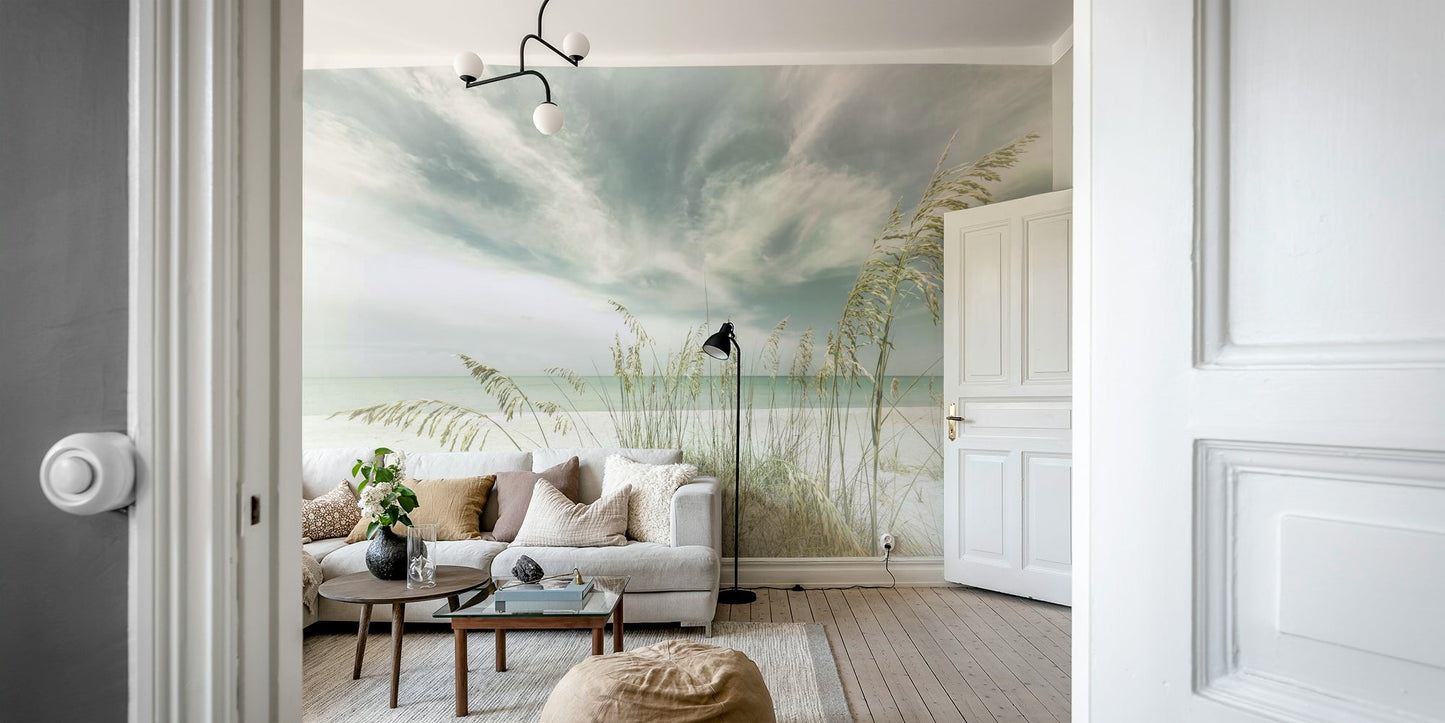 Coastal mural featuring a vintage-style oceanfront scene.

