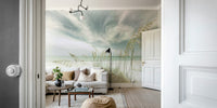 Coastal mural featuring a vintage-style oceanfront scene.

