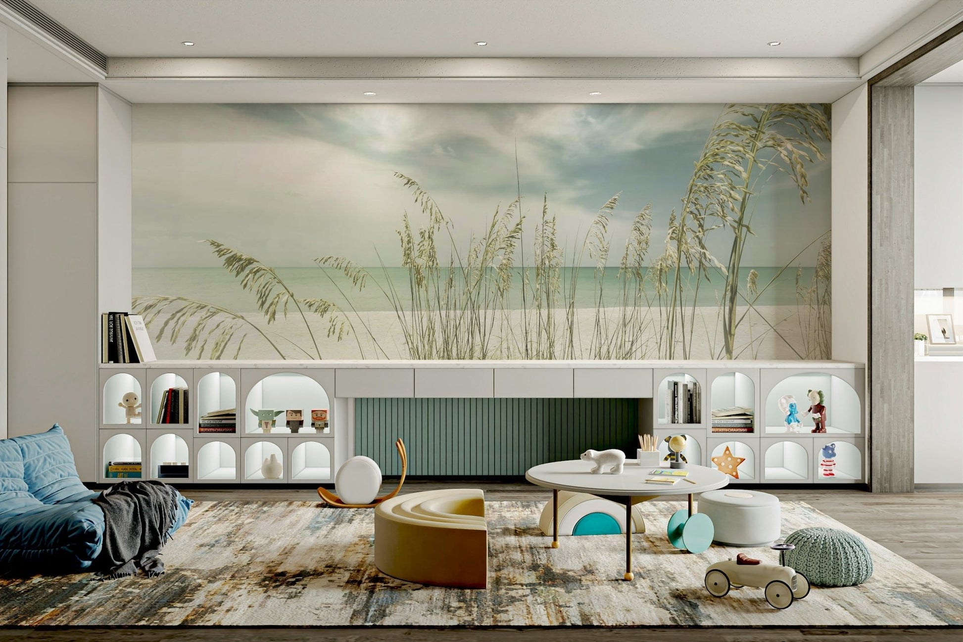 Serene beach scene wall mural in pastel vintage tones.

