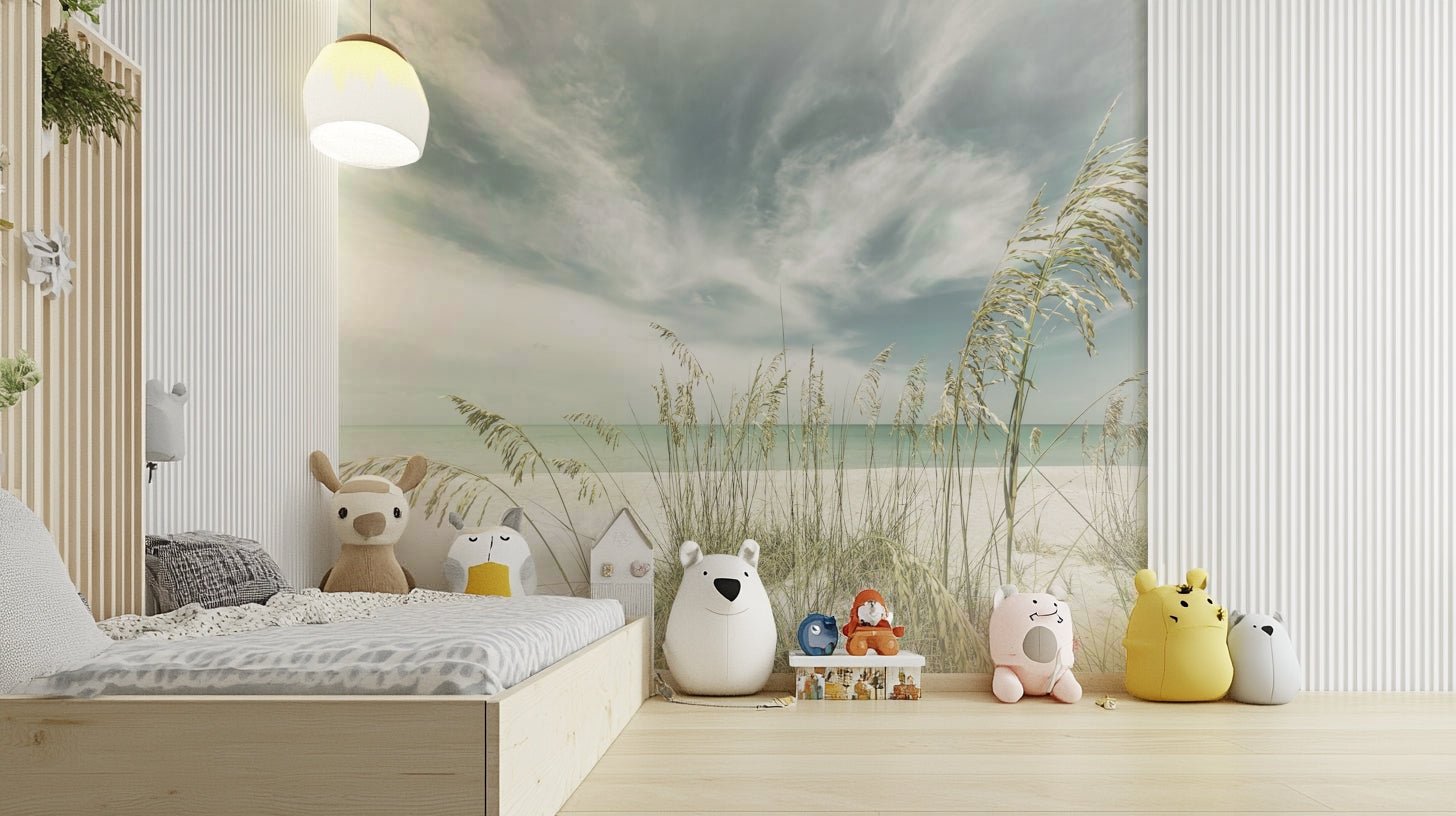 Calming mural showing a quiet sandy shore under soft skies.

