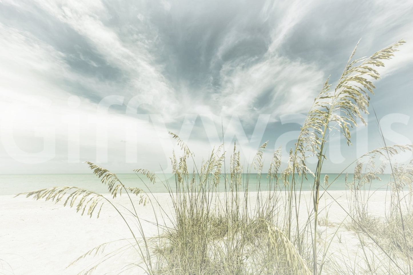 Pastel mural of a peaceful beachscape with retro aesthetics.

