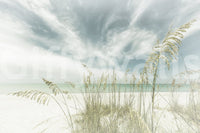 Pastel mural of a peaceful beachscape with retro aesthetics.

