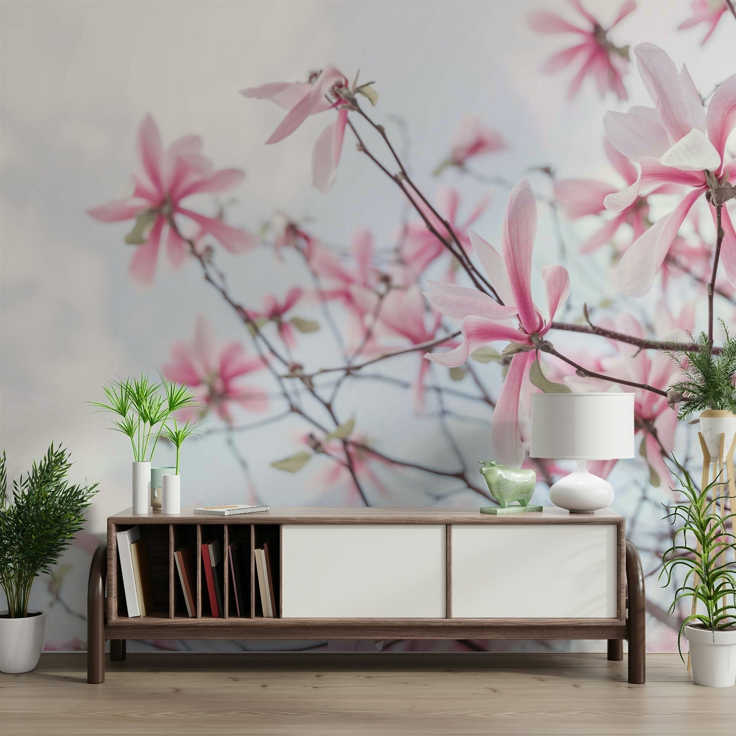 Magnolia blossoms delicately displayed on the Heavenly Magnolias Wall Mural."