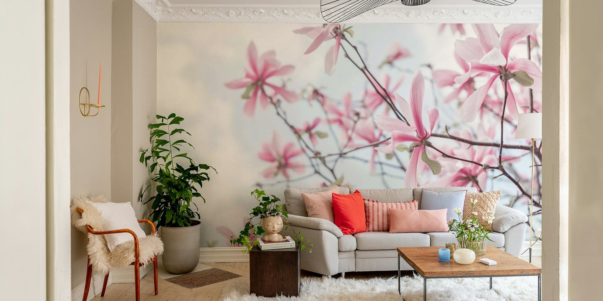 Magnolia flowers mural in a tranquil setting for peaceful interiors.