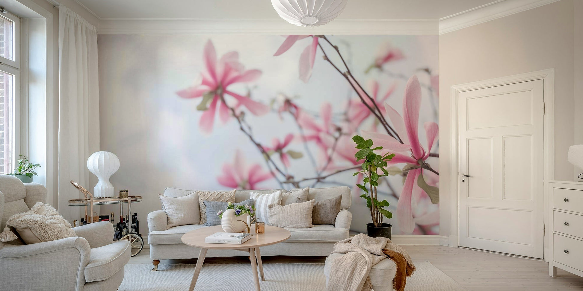 Soft, pastel colors in the Heavenly Magnolias Wall Mural design.