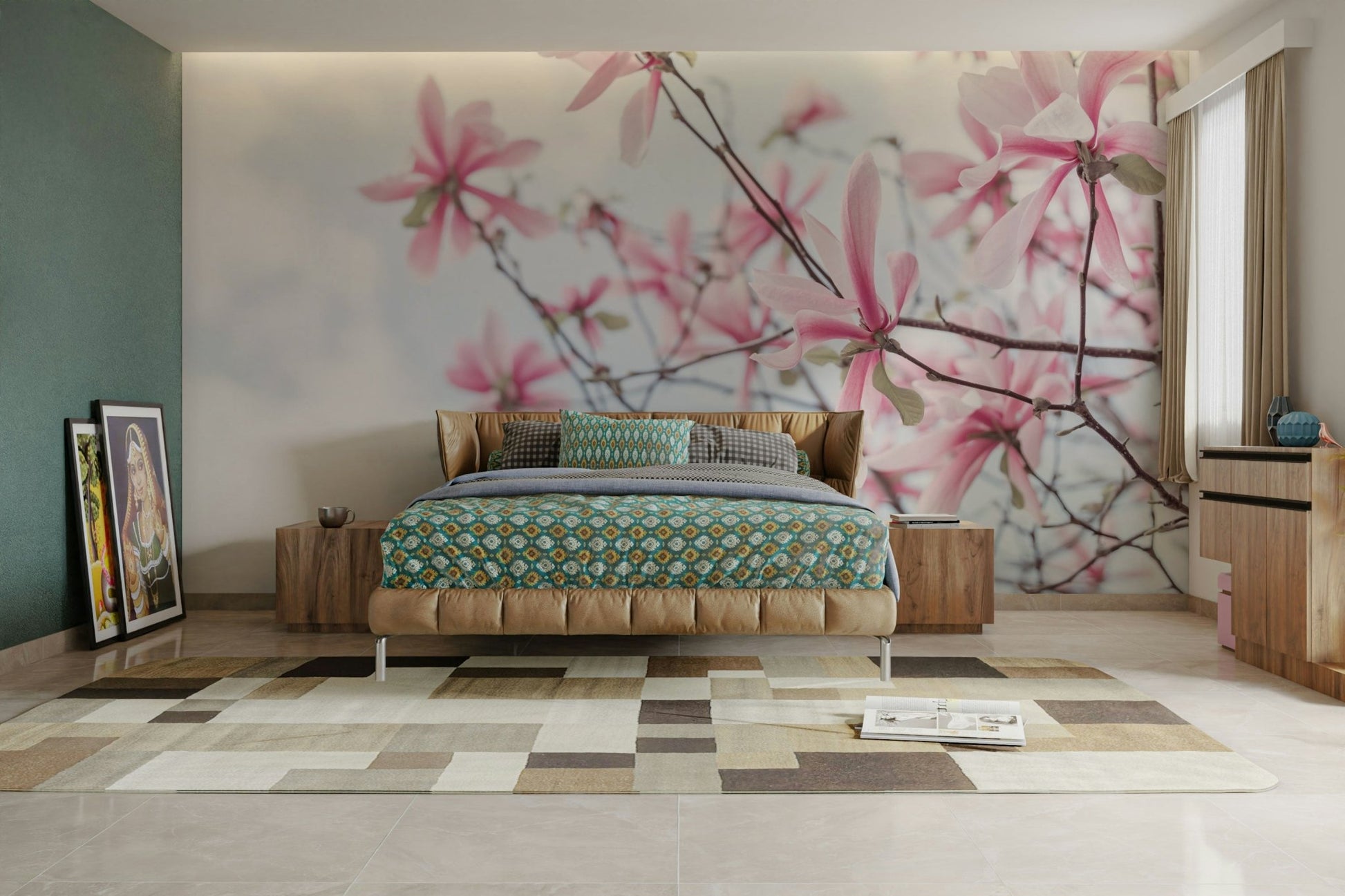 Wall mural of magnolias with soft hues for a calm home vibe.