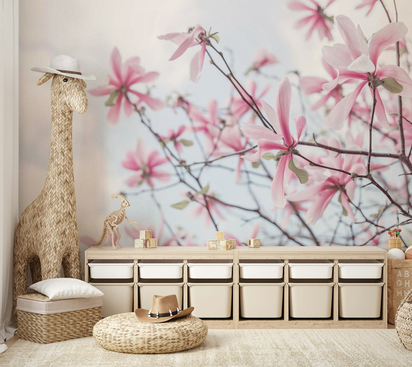 Close-up view of Heavenly Magnolias Wall Mural with soft tones.