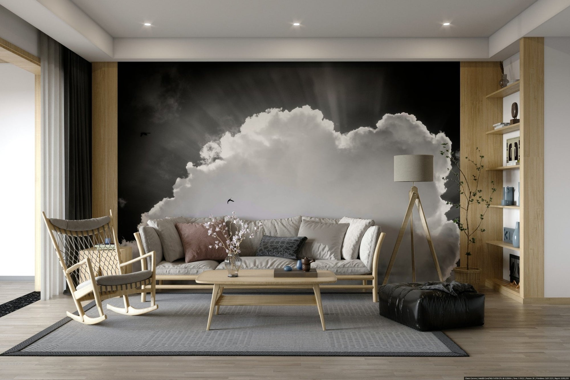 Heavenly Wall Mural with backlit monochrome cloud and sunrays GD4959
