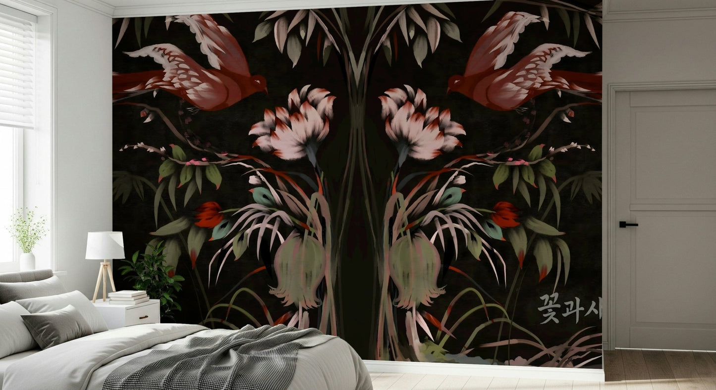 Traditional Joseon art inspired wall covering for a boutique guest suite.