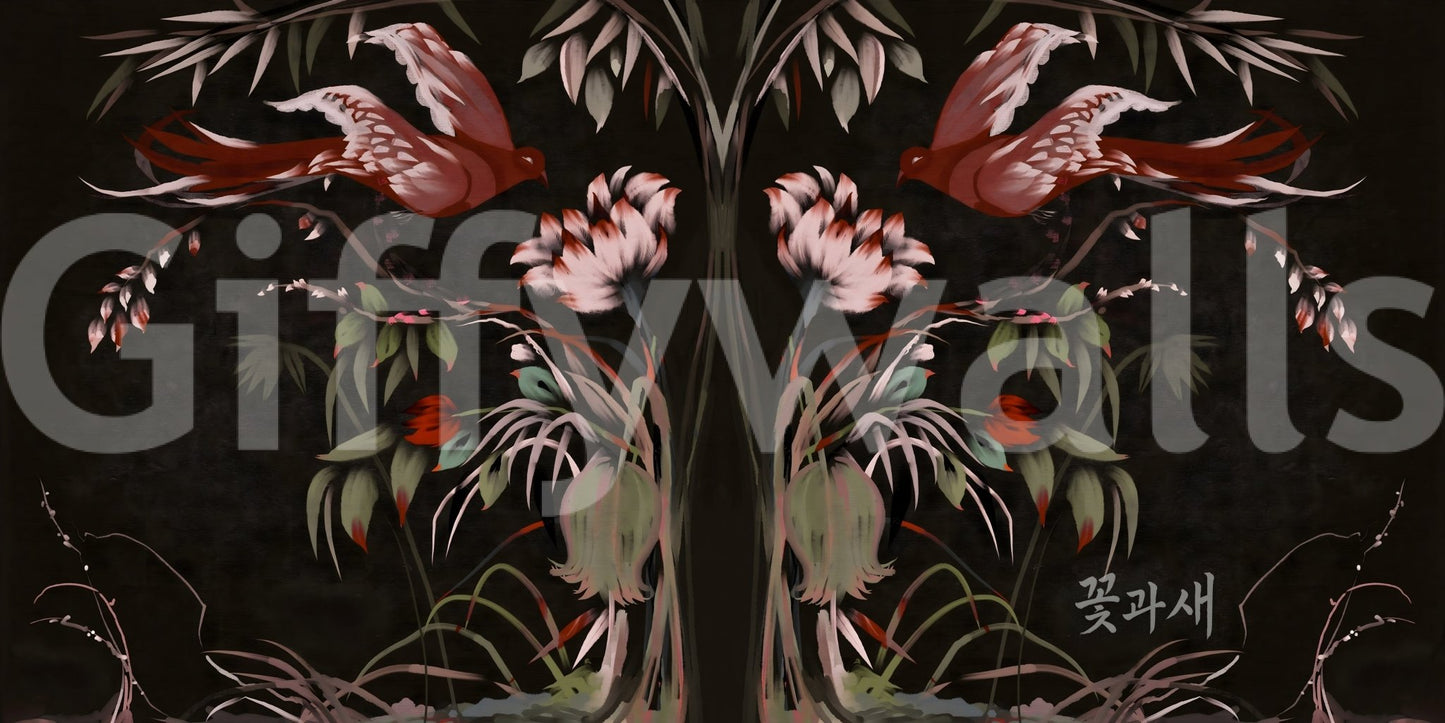 Elegant bird themed wall mural for a spa or wellness center reception area.