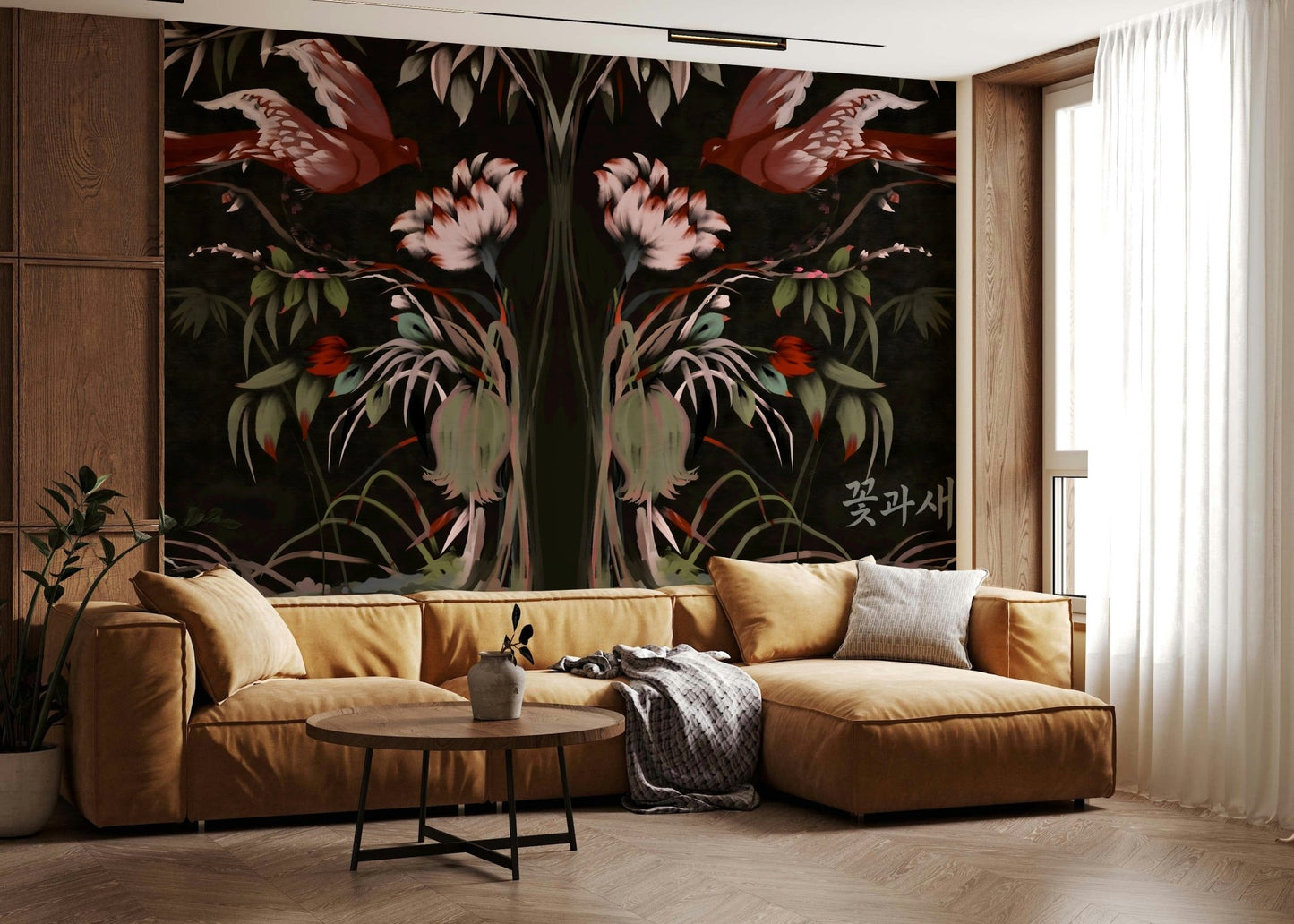 Heaven's Birds Joseon inspired Wall Mural as a feature wall behind a wooden dining set.