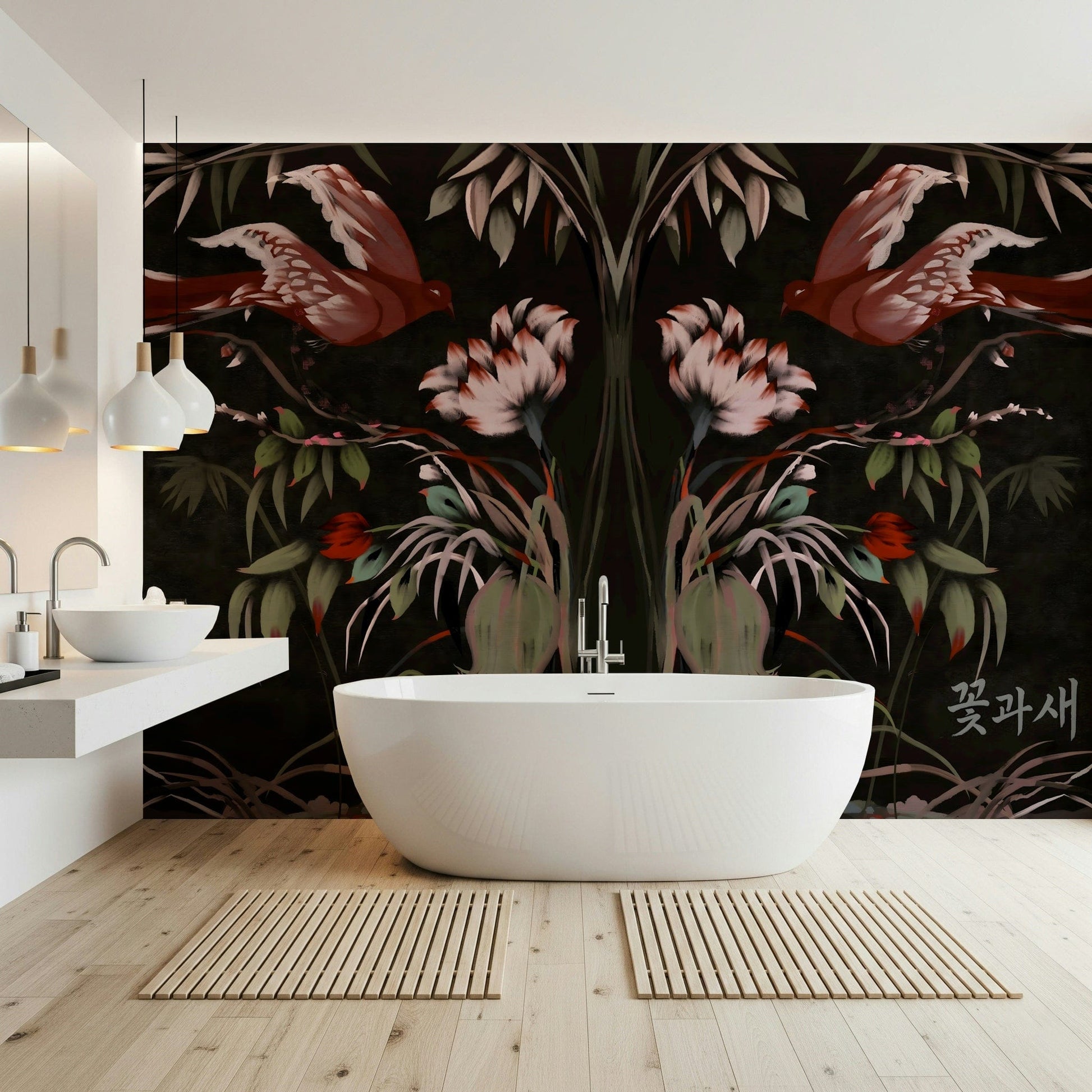 Vintage oriental bird wallpaper for a luxury apartment hallway with marble floors.