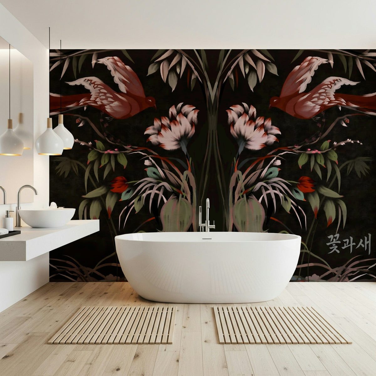 Vintage oriental bird wallpaper for a luxury apartment hallway with marble floors., GD6332
