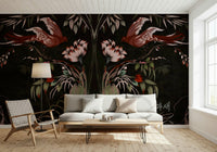 Detailed crane and pine tree mural for a peaceful study or reading area.
