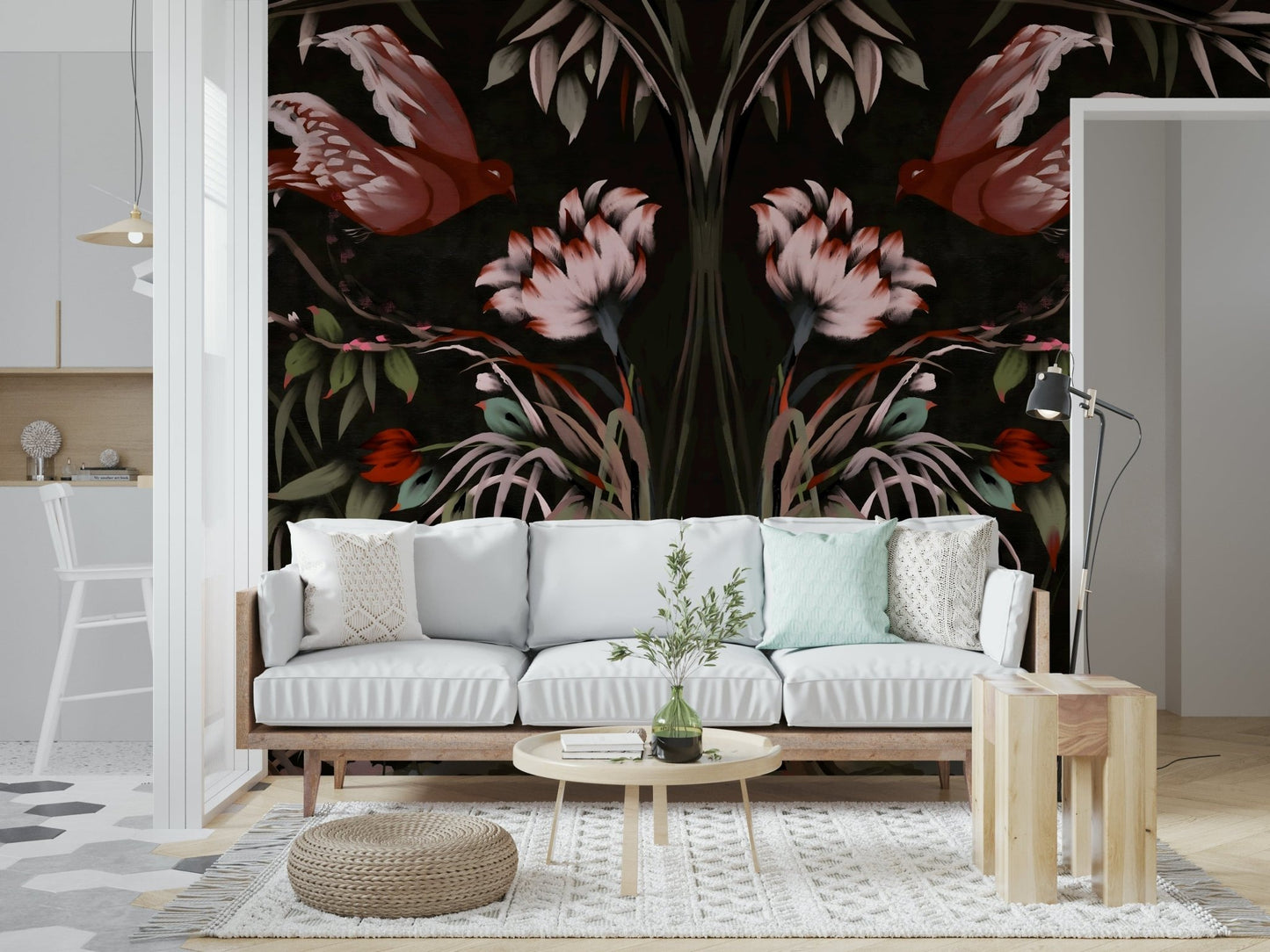 Ethereal sky and bird illustration for a contemporary feature wall in a lounge.