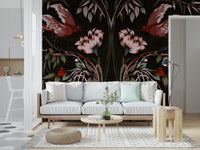 Ethereal sky and bird illustration for a contemporary feature wall in a lounge.