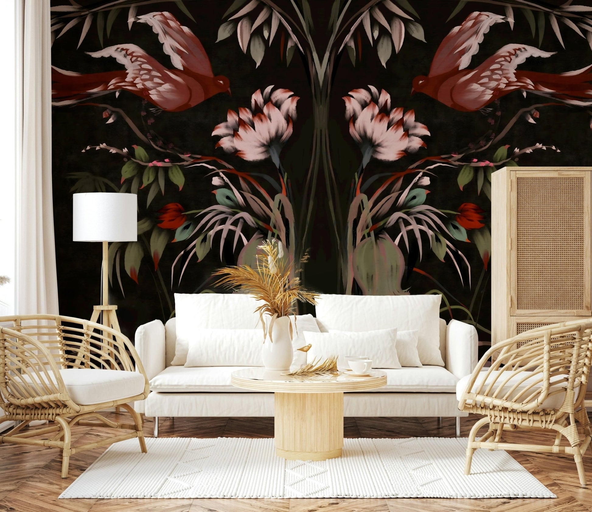 Traditional Korean bird wallpaper behind a upholstered headboard in a master bedroom.