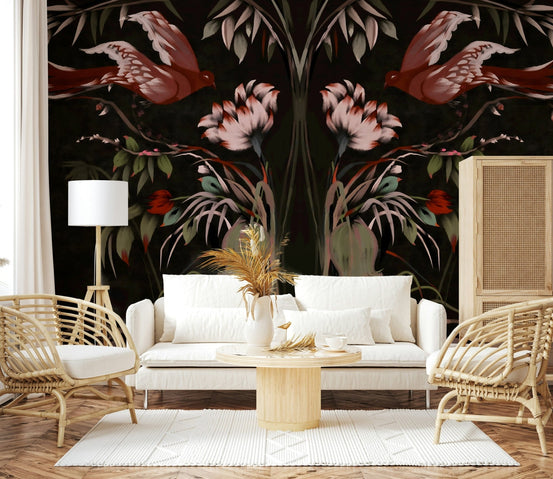 Traditional Korean bird wallpaper behind a upholstered headboard in a master bedroom., GD6333