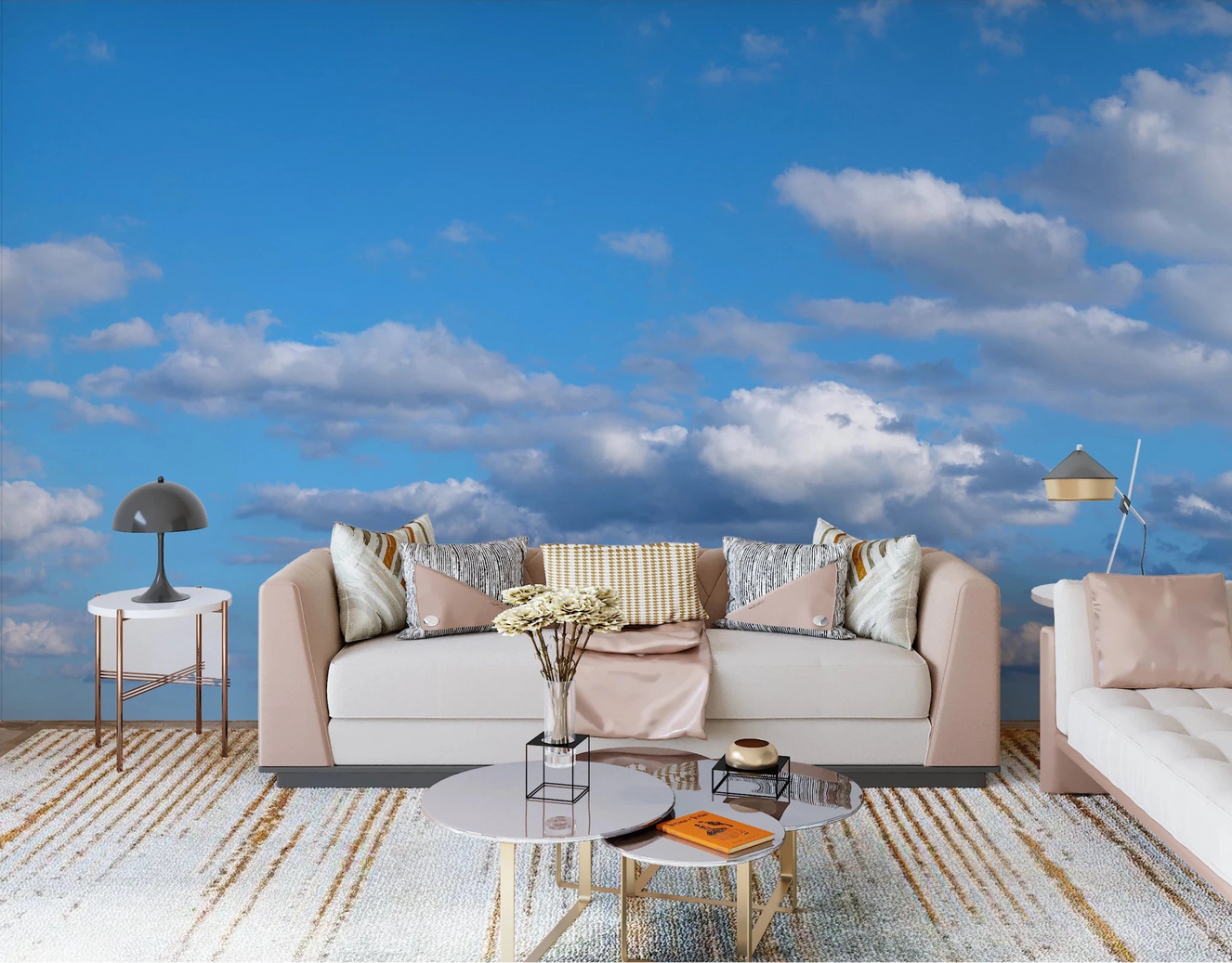 Heaven’s Vast Embrace Wall Mural adds a clear blue sky feel to this living room