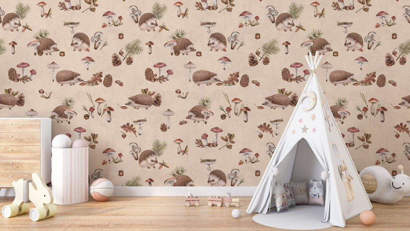 Hedgehog forest beige nursery wallpaper
