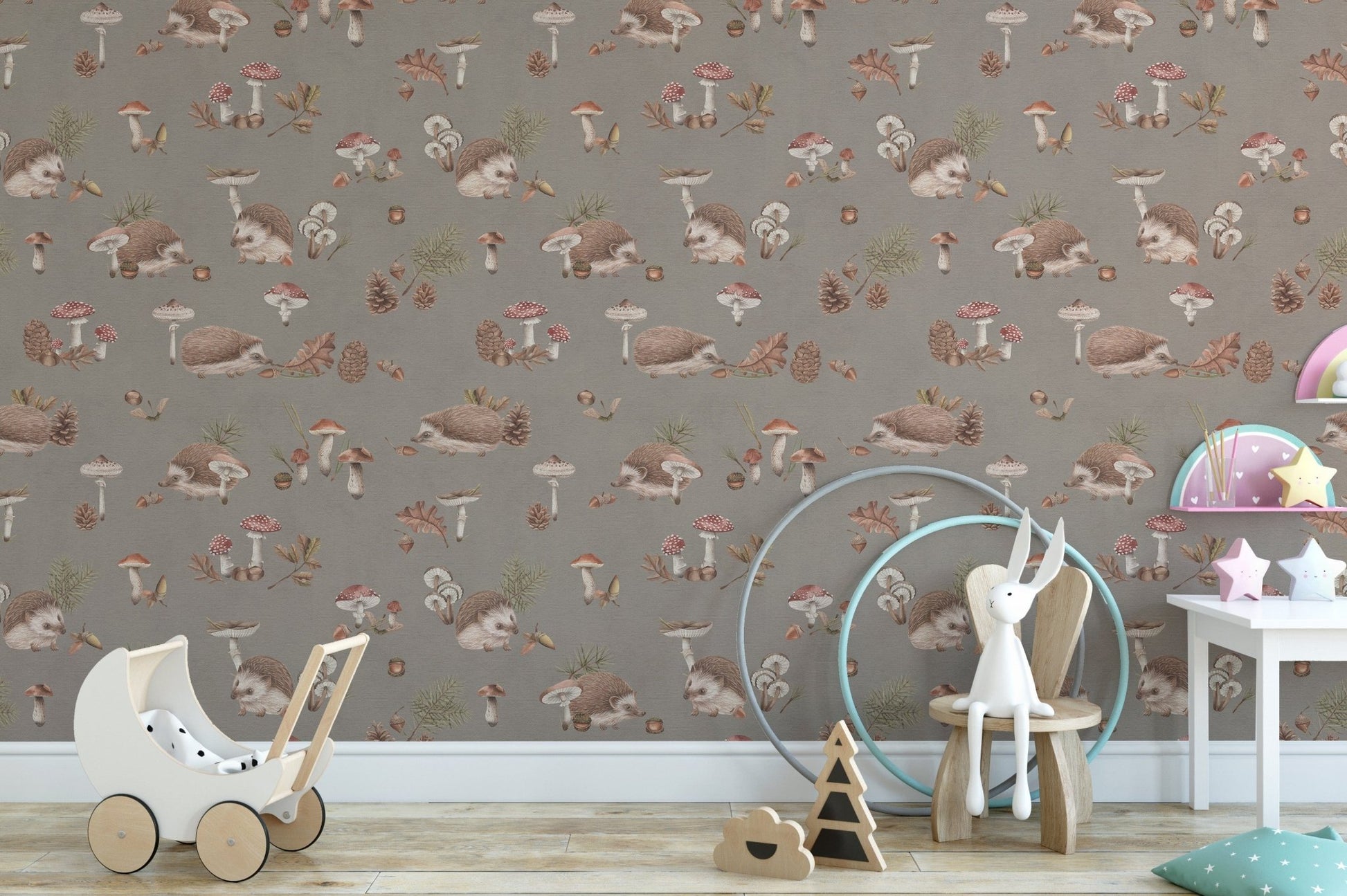 Cozy nursery wallpaper with hedgehogs
