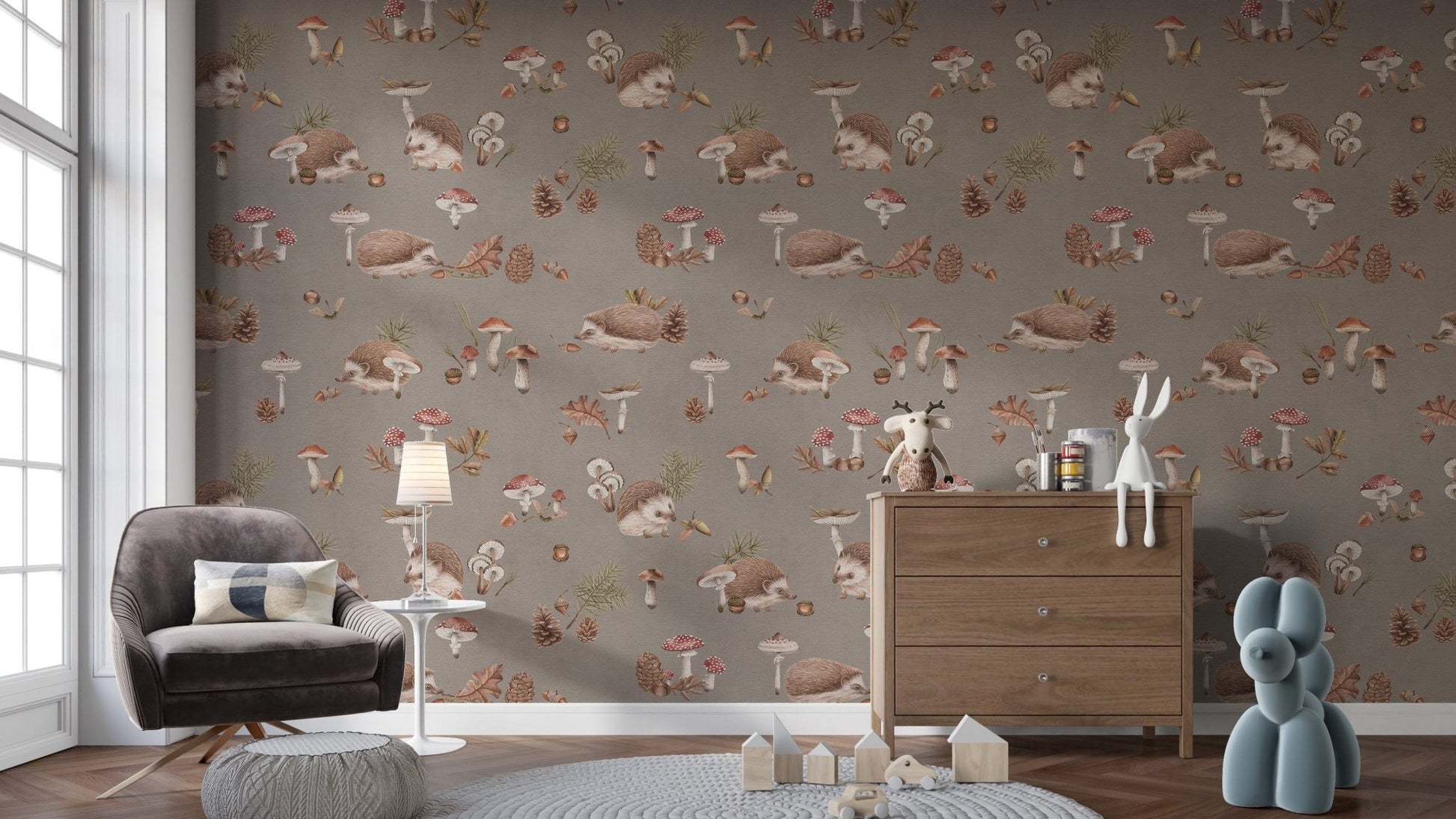 Hedgehog forest brown nursery wallpaper
