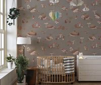 Woodland creatures brown wallpaper pattern
