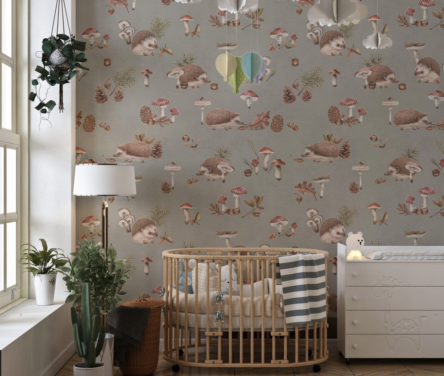 Woodland creatures sage green wallpaper
